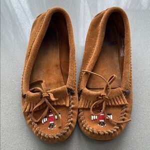 Minnetonka Brown Suede Moccasins with Beaded Design
